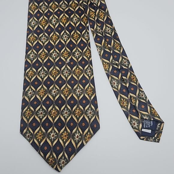 Lands End Geometric Silk Tie Floral Foulard Navy Green Designer USA 56.5" - Picture 3 of 5